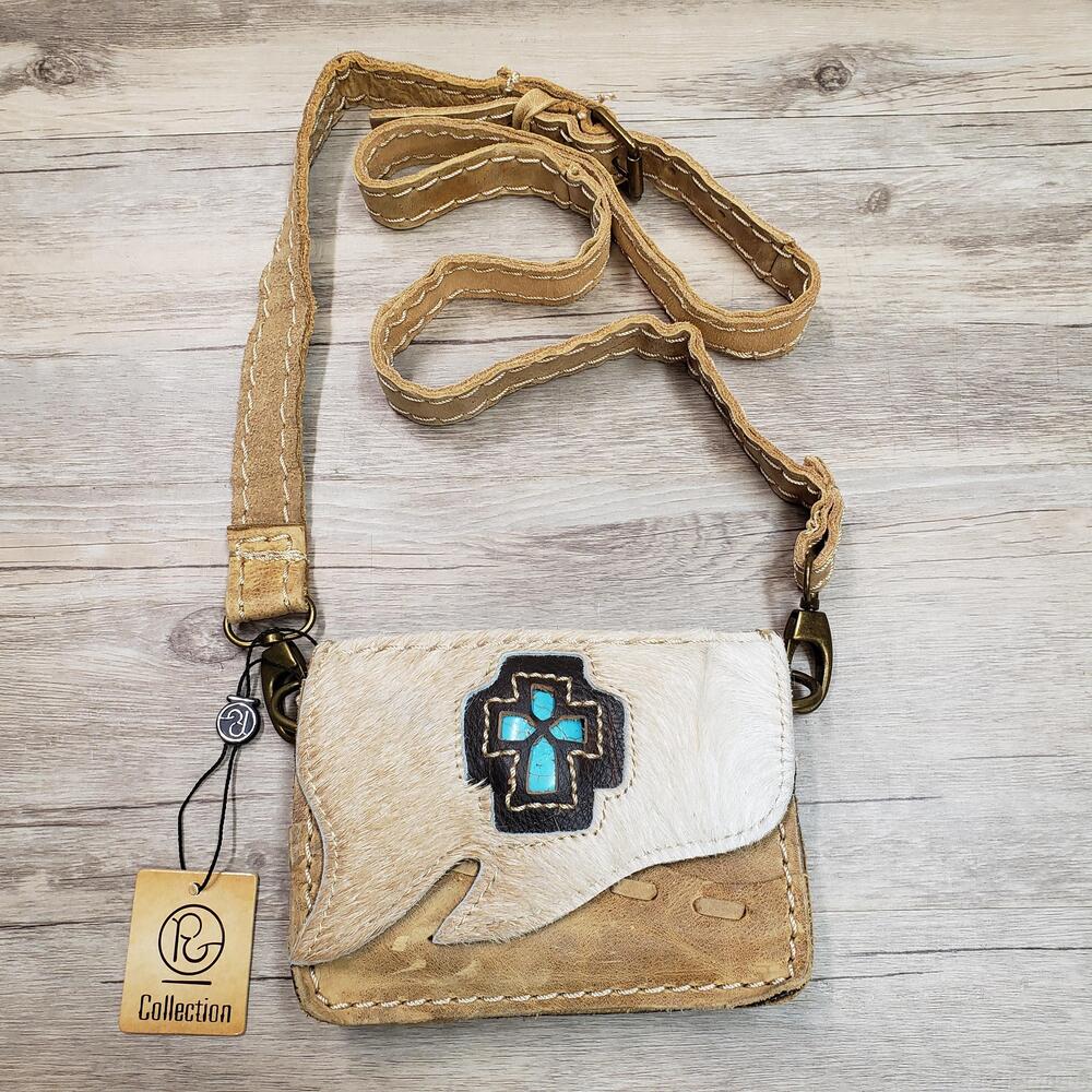 PG Collection Small Crossbody Bag Womens Tan Cowhide Leather Turquoise Cross